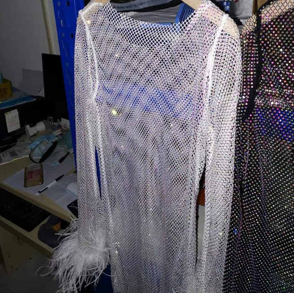 Sexy Mesh Mini Dress Women Fashion Feathers Tassel Full Sleeve - Picture 3 of 5